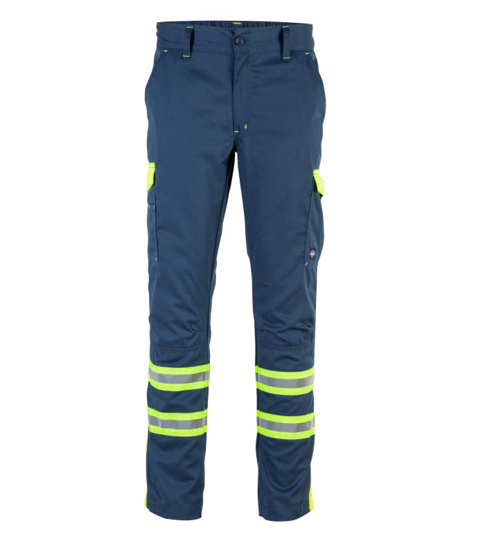 Pantalón Cargo Gabardina Bicolor C/Cinta Día Noche Hi-Vis Line - Azul Marino / Amarillo Flúor